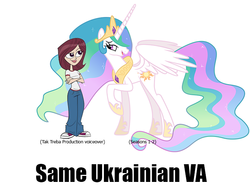 Size: 705x551 | Tagged: safe, princess celestia, alicorn, human, pony, g4, clothes, dan vs, elise (dan vs), exploitable meme, female, mare, meme, same voice actor, simple background, ukrainian, white background