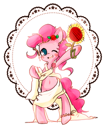 Size: 931x1045 | Tagged: safe, artist:lessue, pinkie pie, earth pony, pony, g4, belly button, bipedal, clothes, female, flower, pixiv, solo, sunflower, toga