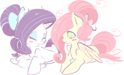 Size: 1123x682 | Tagged: safe, artist:clockworkquartet, fluttershy, rarity, g4, alternate hairstyle, cute, eyes closed, eyeshadow, lying, lying down, open mouth, prone, simple background, smiling