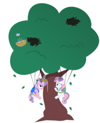 Size: 4414x5411 | Tagged: safe, artist:magerblutooth, diamond tiara, sweetie belle, bird, earth pony, pony, unicorn, g4, absurd resolution, backpack, female, filly, nest, parachute, sap, simple background, transparent background, tree, vector