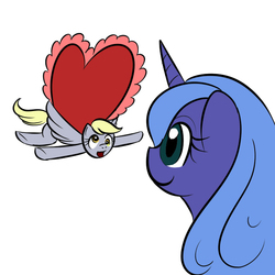 Size: 600x600 | Tagged: safe, artist:kloudmutt, derpy hooves, princess luna, pegasus, pony, g4, female, heart, lesbian, mare, s1 luna, ship:lunaderp, shipping, simple background, valentine's day