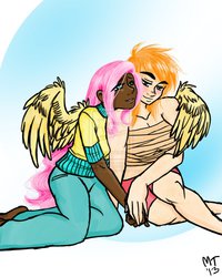 Size: 800x1000 | Tagged: safe, artist:artiedrawings, big macintosh, fluttershy, human, g4, adventure in the comments, breast binding, dark skin, drama, female, half r63 shipping, humanized, lesbian, light skin, macareina, rule 63, ship:fluttermac, ship:flutterreina, shipping, winged humanization