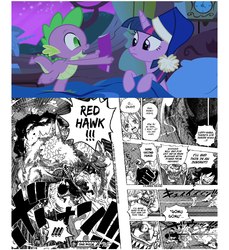 Size: 1000x1091 | Tagged: safe, spike, twilight sparkle, alicorn, pony, g4, comic book, comic book meme, gomu gomu no mi, gomu gomu no red hawk, manga, meme, monkey d. luffy, one piece, twilight sparkle (alicorn)