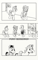 Size: 1320x2040 | Tagged: safe, artist:pony-berserker, al, flank thrasher, gaffer, gizmo, g4, al calavicci, clothes, comic, crossdressing, dress, lineart, sam beckett