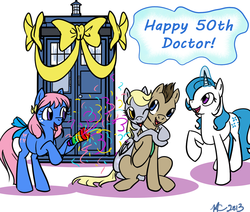 Size: 900x764 | Tagged: safe, artist:sumireshee, bow tie (g1), derpy hooves, doctor whooves, majesty, time turner, earth pony, pegasus, pony, unicorn, g1, g4, bow, doctor who, female, g1 to g4, generation leap, magic, male, mare, stallion, tardis