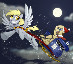 Size: 3400x3000 | Tagged: safe, artist:jitterbugjive, derpy hooves, doctor whooves, time turner, pegasus, pony, lovestruck derpy, christmas, cloud, cloudy, doctor who, female, flying, hat, hearth's warming, hearth's warming eve, high res, holiday, mare, moon, night, santa claus, santa hat, santa hooves, sleigh, tardis, the doctor