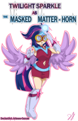 Size: 764x1182 | Tagged: safe, artist:arteses-canvas, twilight sparkle, human, g4, power ponies (episode), belly button, female, humanized, light skin, masked matter-horn costume, power ponies, solo, tailed humanization, twilight sparkle (alicorn), winged humanization