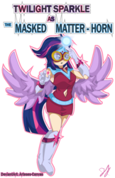 Size: 764x1182 | Tagged: safe, artist:arteses-canvas, twilight sparkle, human, g4, my little pony: friendship is magic, power ponies (episode), belly button, female, humanized, light skin, masked matter-horn costume, power ponies, solo, tailed humanization, twilight sparkle (alicorn), winged humanization