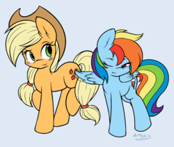 Size: 1633x1381 | Tagged: safe, artist:ambris, applejack, rainbow dash, earth pony, pegasus, pony, g4, bedroom eyes, blushing, butt touch, commission, cute, feathermarking, female, freckles, hat, lesbian, mare, never doubt tchernobog's involvement, one eye closed, raised hoof, raised leg, ship:appledash, shipping, shy, simple background, smiling, standing, wink