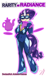 Size: 836x1312 | Tagged: safe, artist:arteses-canvas, radiance, rarity, human, g4, power ponies (episode), female, horn, horned humanization, humanized, light skin, power ponies, raritea, solo, tailed humanization, tea, teacup, teapot