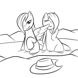 Size: 600x600 | Tagged: safe, artist:kloudmutt, applejack, rainbow dash, g4, cowboy hat, eyes closed, female, hair over one eye, hat, lesbian, monochrome, raised hoof, seduce, ship:appledash, shipping, sitting, smiling, smirk, spread wings, stetson, teasing, tickling, water, wet mane