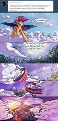 Size: 1616x3332 | Tagged: safe, artist:darkflame75, scootaloo, bat pony, pony, g4, ask, bat ponified, cloud, cloudy, female, flying, pomf, race swap, scootabat, solo, student of the night, sunset, trail, tumblr