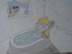 Size: 960x720 | Tagged: source needed, useless source url, safe, artist:quasarbooster, derpy hooves, oc, pegasus, pony, g4, angry, bath, bathtub, bubble, fart, farting bubbles, heart, white