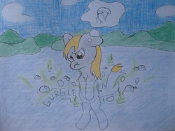 Size: 960x720 | Tagged: safe, artist:quasarbooster, derpy hooves, pegasus, pony, g4, bubble, fart, farting bubbles, female, lake, mare, scrunchy face, solo, thought bubble, water