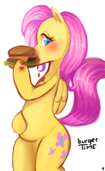 Size: 648x1050 | Tagged: source needed, safe, artist:tingtongten, edit, fluttershy, pegasus, pony, g4, bipedal, burger, chubby, eating, fat, fattershy, female, hamburger, not porn, ponies eating meat, sfw edit, solo, stuffing, weight gain