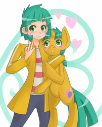 Size: 809x1000 | Tagged: safe, artist:jonfawkes, snails, human, pony, g4, bipedal, blushing, clothes, cute, grin, heart, hug, human ponidox, humanized, jacket, light skin, looking at you, pants, peace sign, shirt, smiling, underhoof