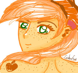 Size: 1024x956 | Tagged: safe, artist:courtneygears, applejack, human, g4, female, humanized, light skin, orange skin, solo