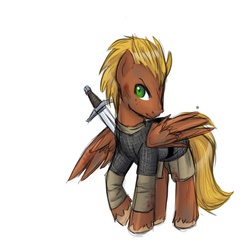 Size: 760x769 | Tagged: artist needed, safe, oc, oc only, oc:chinook, pegasus, pony, armor, blood, hauberk, solo, sword, weapon