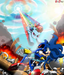 Size: 768x900 | Tagged: safe, artist:brodogz, rainbow dash, hedgehog, pegasus, pony, robot, g4, a new dawn, antagonist, commission, crossover, fanfic art, fight, fire, flying, glare, good vs evil, gritted teeth, male, metal sonic, ruins, smoke, sonic rainboom, sonic the hedgehog, sonic the hedgehog (series), wreckage
