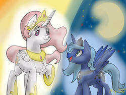 Size: 1024x768 | Tagged: safe, artist:mirriora, princess celestia, princess luna, alicorn, pony, g4, looking at each other, pink-mane celestia, royal sisters, siblings, sisters, younger