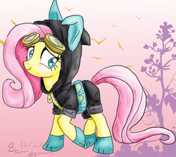 Size: 947x844 | Tagged: safe, artist:lylade3, fluttershy, pegasus, pony, g4, bunny ears, clothes, dangerous mission outfit, female, goggles, hoodie, mare, solo
