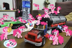 Size: 4608x3072 | Tagged: safe, pinkie pie, g4, too many pinkie pies, car, clone, dasani, female, fun fun fun, happy, irl, multeity, optimus prime, photo, pinkie clone, portal, smiling, too much pink energy is dangerous, toy, transformers, truck