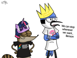 Size: 1024x768 | Tagged: safe, artist:supermaster10, pinkie pie, rainbow dash, twilight sparkle, g4, 20% cooler, andrew w.k., brony, clothes, crossover, crown, dialogue, hat, male, mordecai, mordecai and rigby, party hard, regular show, rigby (regular show), shirt, simple background, t-shirt, transparent background