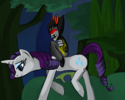 Size: 850x681 | Tagged: safe, artist:calamityjane, rarity, pony, unicorn, fanfic:aliens are the new black, g4, blood, crossover, duo, fanfic art, female, homestuck, male, mare, riding, sollux captor