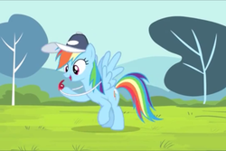 Size: 960x640 | Tagged: safe, screencap, rainbow dash, pegasus, pony, flight to the finish, g4, baseball cap, cap, coach, coach rainbow dash, cute, dashabetes, female, hat, hoof hold, mare, open mouth, rainbow dashs coaching whistle, smiling, solo, spread wings, whistle, whistle necklace, wings