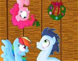 Size: 1170x918 | Tagged: safe, artist:andromedasparkz, pinkie pie, rainbow dash, soarin', g4, blushing, female, holly, holly mistaken for mistletoe, male, ship:soarindash, shipper on deck, shipping, straight, wreath