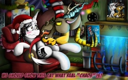 Size: 1200x752 | Tagged: safe, artist:jamescorck, discord, oc, oc:movie slate, g4, dr. seuss, hat, santa hat, the cat in the hat, the cat in the hat (film), tumblr