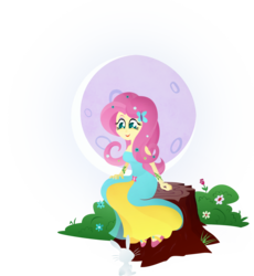 Size: 1289x1399 | Tagged: safe, artist:rariedash, fluttershy, butterfly, human, g4, clothes, dress, female, flower, lineless, moon, open mouth, rose, sitting, smiling, solo