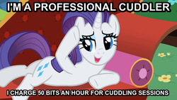 Size: 768x432 | Tagged: safe, edit, edited screencap, screencap, rarity, pony, unicorn, g4, caption, couch, female, image macro, imma snuggle you, mare, professional cuddler, solo