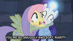Size: 730x410 | Tagged: safe, fluttershy, rarity, castle mane-ia, g4, caption, derp, glowing horn, hape, horn, hug, image macro, imma snuggle you, non-consensual cuddling