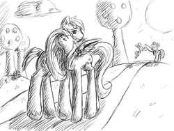 Size: 3200x2400 | Tagged: safe, artist:lovingrandomness, angel bunny, apple bloom, big macintosh, fluttershy, earth pony, pony, g4, long legs, male, monochrome, ship:fluttermac, shipping, sketch, stallion, straight