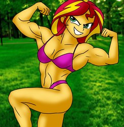 Size: 780x800 | Tagged: safe, artist:kensingshow, sunset shimmer, equestria girls, g4, armpits, bikini, clothes, female, muscles, pose, solo, sunset lifter, swimsuit