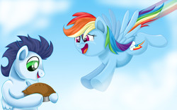 Size: 4000x2500 | Tagged: safe, artist:autumn-dreamscape, rainbow dash, soarin', g4, drool, female, flying, male, pie, ship:soarindash, shipping, straight, that pony sure does love pies