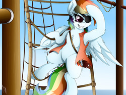 Size: 1280x960 | Tagged: safe, artist:colarix, rainbow dash, g4, chest fluff, clothes, eyepatch, female, grin, pirate, pirate dash, rope, ship, smiling, solo, vest