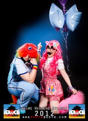 Size: 615x840 | Tagged: safe, pinkie pie, rainbow dash, human, g4, 2012, anime weekend atlanta, balloon, cosplay, groucho mask, irl, irl human, leg warmers, overalls, photo