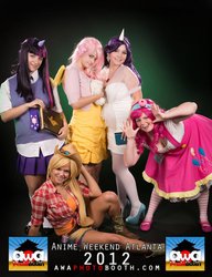 Size: 644x840 | Tagged: artist needed, safe, artist:catkid123, artist:for the love of cosplay, artist:ftlc, applejack, fluttershy, pinkie pie, rarity, twilight sparkle, human, g4, 2012, anime weekend atlanta, book, boots, clothes, cosplay, high heels, irl, irl human, necktie, photo, plushie, skirt, socks, striped socks, suspenders, sweater vest