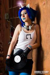 Size: 683x1024 | Tagged: safe, artist:amandafinley, dj pon-3, vinyl scratch, human, g4, cosplay, irl, irl human, photo, record, solo