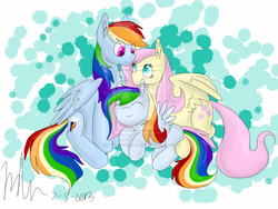 Size: 1024x768 | Tagged: safe, artist:estheticart, fluttershy, rainbow dash, oc, g4, family, female, filly, lesbian, magical lesbian spawn, offspring, parent:fluttershy, parent:rainbow dash, parents:flutterdash, ship:flutterdash, shipping, watermark