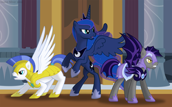 Size: 2400x1500 | Tagged: safe, artist:glaive-silver, princess luna, alicorn, bat pony, pegasus, pony, g4, angry, door, female, frown, glare, gritted teeth, hallway, male, mare, night guard, open mouth, pegasus royal guard, rearing, royal guard, spread wings, stallion
