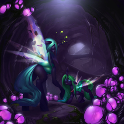 Size: 1250x1250 | Tagged: dead source, safe, artist:eosphorite, queen chrysalis, oc, oc:temptation, changeling, changeling queen, nymph, g4, bowing, cocoon, egg, eye contact, eyelashes, fangs, female, glowing, grin, hive, necklace, raised hoof, smiling