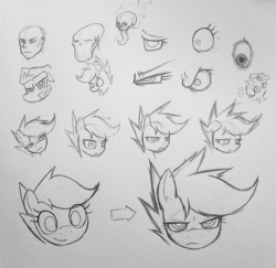 Size: 1037x1010 | Tagged: safe, artist:melancholy, scootaloo, espurr, human, angry, annoyed, eye, eyeball, frown, glare, grin, human skull, open mouth, resting bitch face, sad, sketch dump, skull, smiling, tongue out, unamused