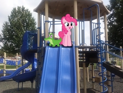 Size: 2592x1944 | Tagged: safe, artist:capt-nemo, artist:mihaaaa, artist:tokkazutara1164, gummy, pinkie pie, alligator, earth pony, pony, g4, car, cute, grass, happy, irl, jungle gym, open mouth, photo, playground, ponies in real life, slide, smiling, standing, tree, vector