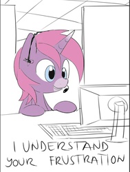 Size: 640x845 | Tagged: safe, oc, oc only, pony, unicorn, computer, dialogue, headset, keyboard, solo, stompy slippers, unusual unicorn