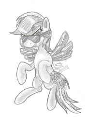 Size: 426x584 | Tagged: safe, artist:inurantchan, rainbow dash, g4, female, grin, monochrome, solo, sunglasses, traditional art