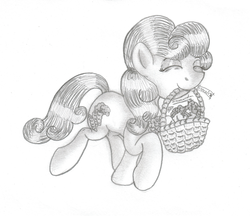 Size: 1024x884 | Tagged: safe, artist:inurantchan, carrot top, golden harvest, g4, basket, carrot, female, monochrome, mouth hold, solo, traditional art