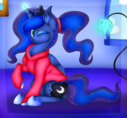 Size: 3000x2800 | Tagged: safe, artist:shyshyoctavia, princess luna, gamer luna, g4, alternate hairstyle, chest fluff, clothes, controller, cute, ear fluff, female, fluffy, hoodie, nintendo 64, ponytail, smiling, solo, sweater, wink